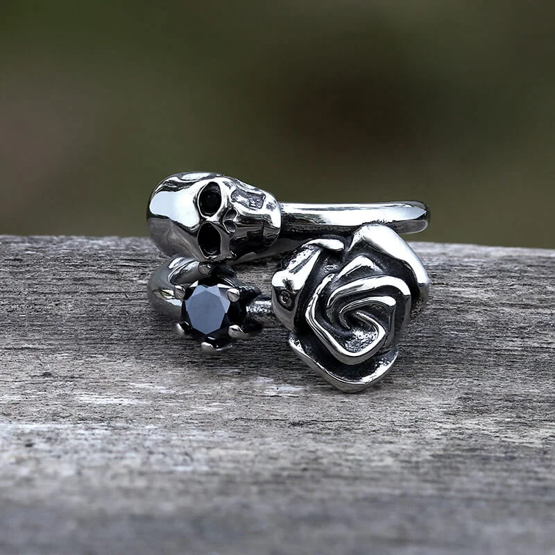 Wrapped rings with wire for boho charm -Gothic Rose Skull Stainless Steel Ring