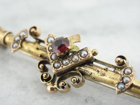 Curved brooches and pins with artistic stone designs -Gothic Victorian Garnet and Pearl Gold Bar Pin Brooch