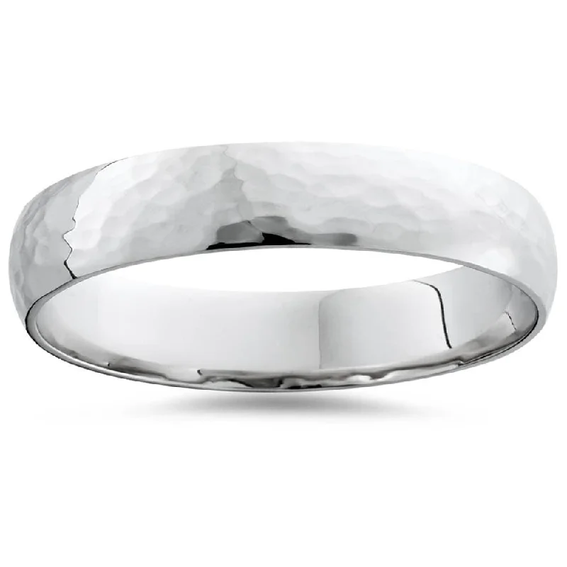 Rings with pave stones for extra finger dazzle -Hammered Wedding Band White Gold Mens 5mm High Polished Ring