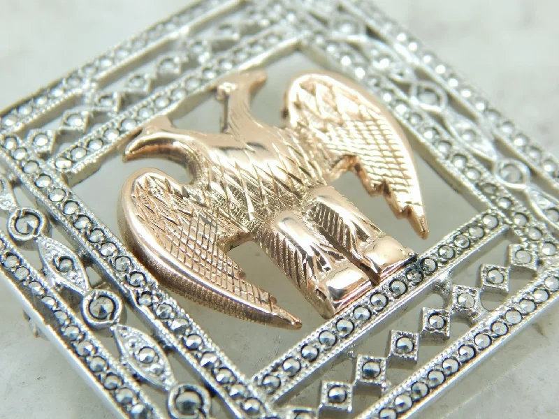 Brooches and pins crafted with eco-friendly materials -Incredible Art Deco Brooch in Sterling and Marcasite with Rose Gold Double Eagle Center