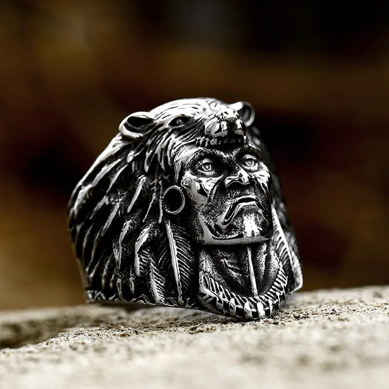 Etched rings with gem details for uniqueness -Indian Chief Stainless Steel Tribal Ring