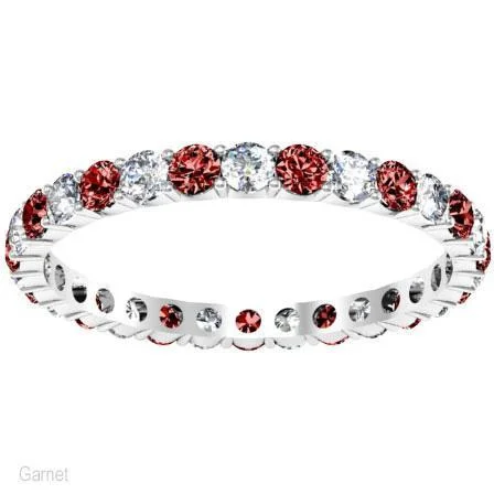 Minimalist Diamond Rings for Simple Style-January Birthstone Eternity Band with Round Diamonds and Garnets