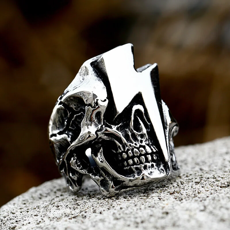 Matte rings with smooth finish for sleekness -Lightning Skull Stainless Steel Biker Ring