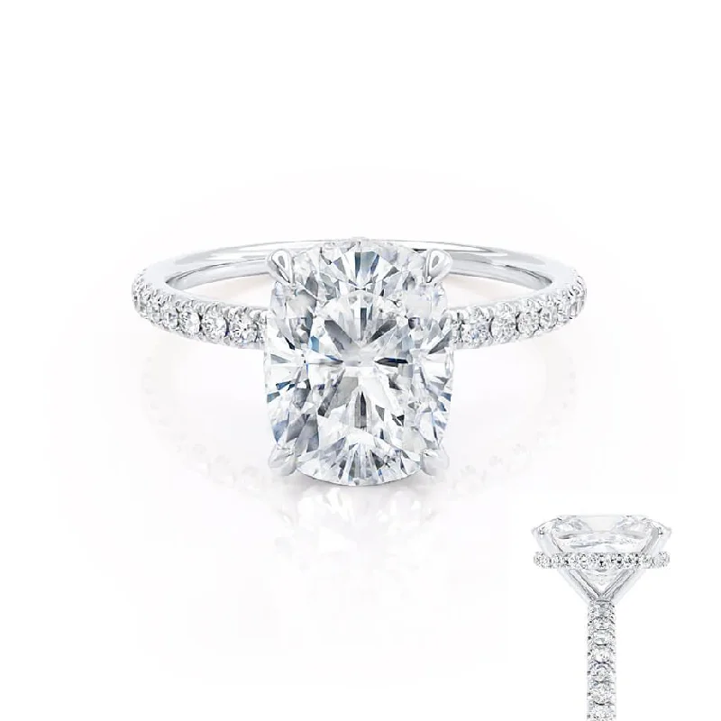 Pave Set Diamond Rings for Dazzling Look-LIVELY - Ready to Ship 2.30ct Elongated Cushion Moissanite & Diamond Platinum Petite Hidden Halo Pavé Shoulder Set Ring