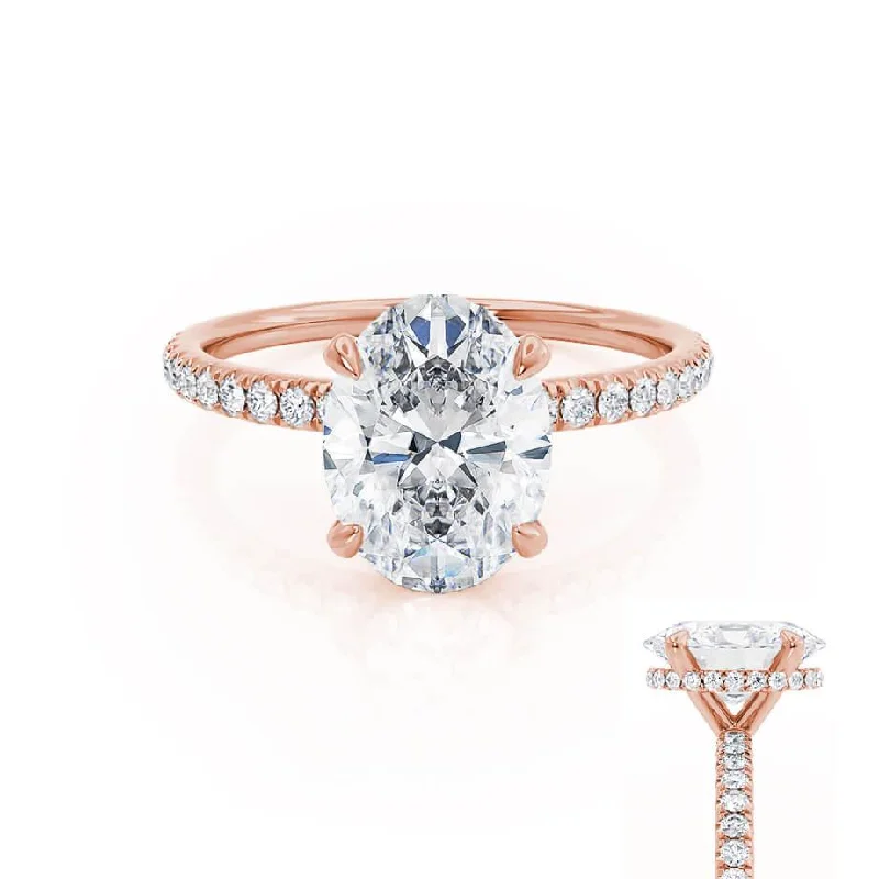 Diamond Rings with Emerald Adornment for Elegance-LIVELY - Oval natural Diamond 18k Rose Gold Petite Hidden Halo Pavé Shoulder Set