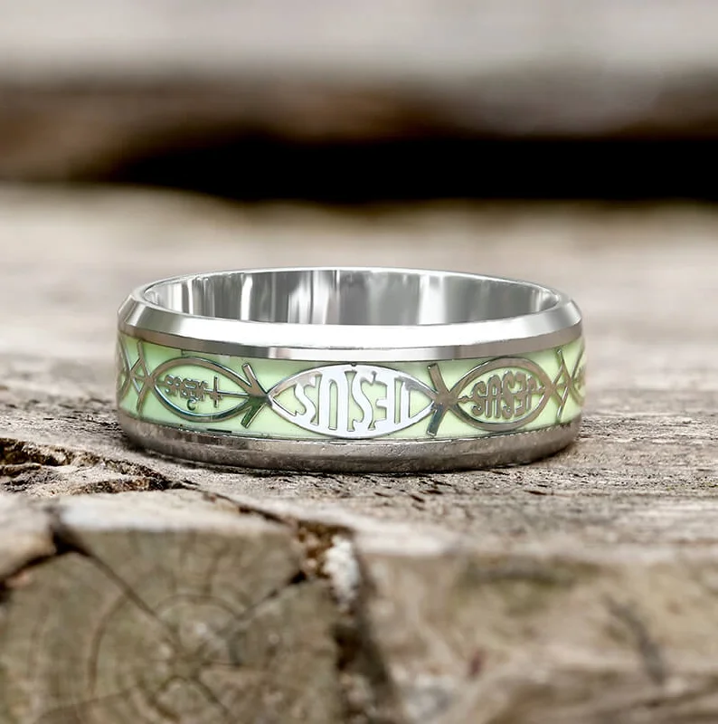 Rings with retro settings for vintage charm -Luminous Jesus Fish Stainless Steel Ring