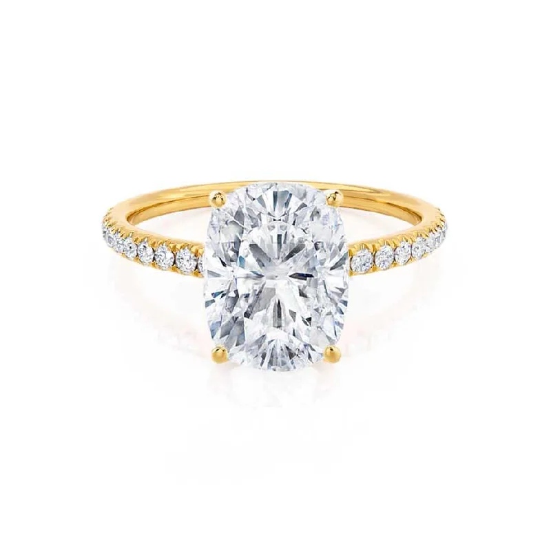 Diamond Rings for Tech Geeks' Preference-MACY - Ready to Ship 2.30ct Elongated Cushion Moissanite & Diamond 18k Yellow Gold Petite Pavé Shoulder Set Ring