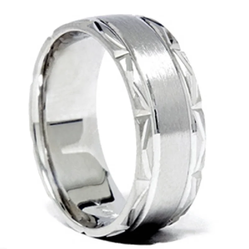 Rings featuring black onyx for dark elegance -Mens Brushed Wedding Band 14K White Gold