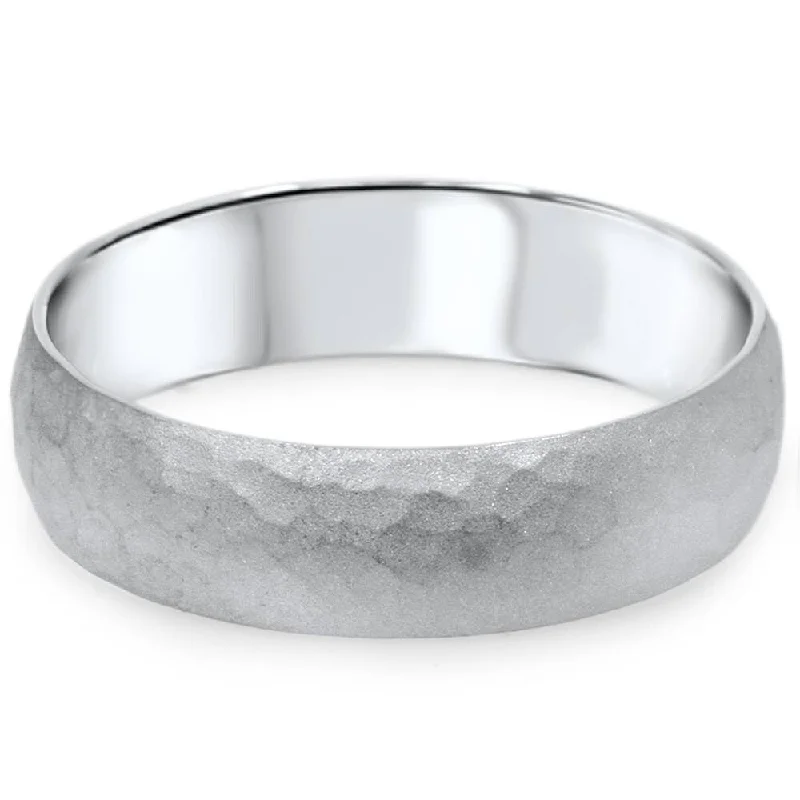 Quartz rings with clear gemstone elegance -Mens Hammered White Gold Wedding Band Milgrain Ring 6mm