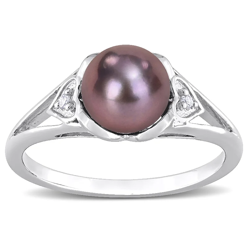 Rings crafted with eco-friendly stones for sustainability -Miadora 7-7.5mm Black Cultured Freshwater Pearl Diamond Accent Heart Ring Sterling Silver