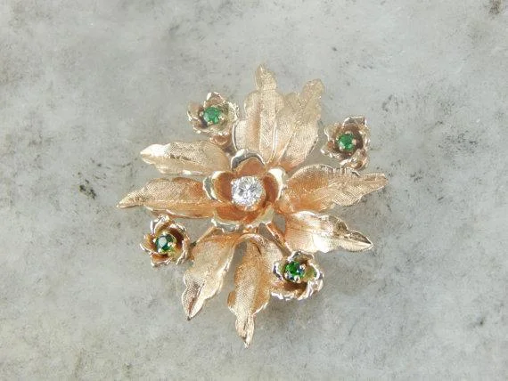 Brooches and pins with emerald for green luxe -Mid-Century Diamond and Demantoid Garnet Flower Brooch