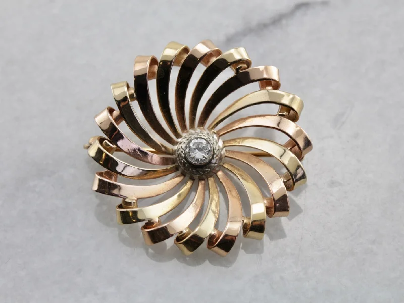 Soft brooches and pins with rose-cut stones -Mid Century Spiral Brooch with Diamond Center in Tri Color Gold