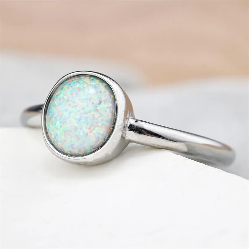 Cool rings with trendy designs for youth -Minimalist Round Opal Stainless Steel Gemstone Ring