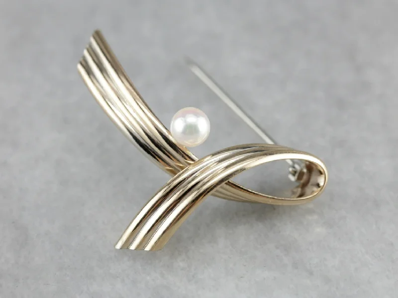 Brooches and pins with opal for iridescent shine -Modernist Pearl Gold Ribbon Brooch