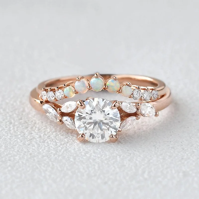 Rings inspired by vintage with gemstone flair -Moissanite & Opal Rose Gold Ring Set 2pcs