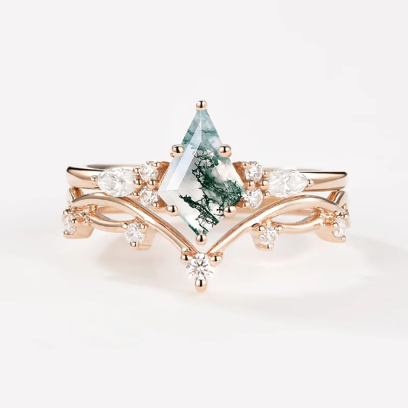 Dual-tone rings with mixed metals for versatility -Moss Agate Leafy Cluster Engagement Ring Sets 2pcs