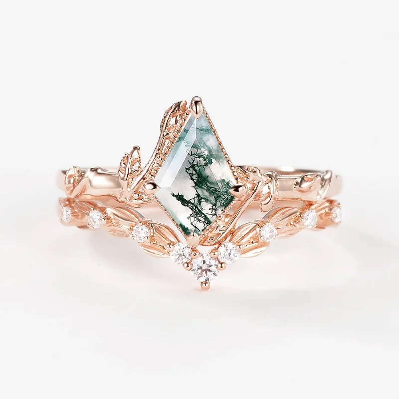 Rings featuring morganite for soft pink beauty -Moss Agate Leafy Engagement Ring Sets 2pcs