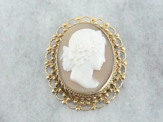 Secure brooches and pins with strong pin backs -Vintage Natural Shell Cameo Gold Filigree Brooch