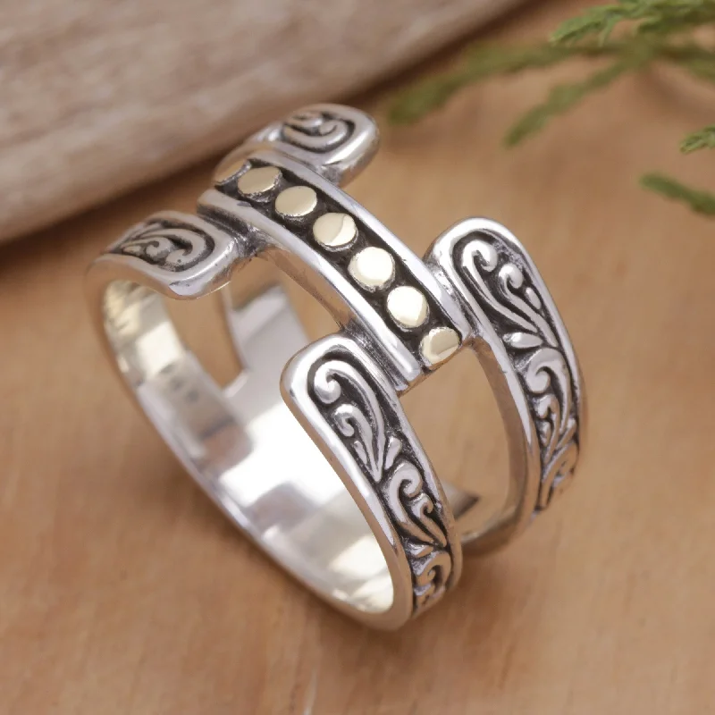 Sleek rings perfect for modern everyday finger style -Novica Handmade Armadillo Blooming Gold-Accented Band Ring