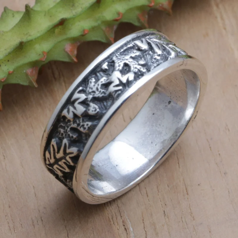 Vintage rings with intricate bands for timeless appeal -Novica Handmade Monstera Caresses Sterling Silver Band Ring