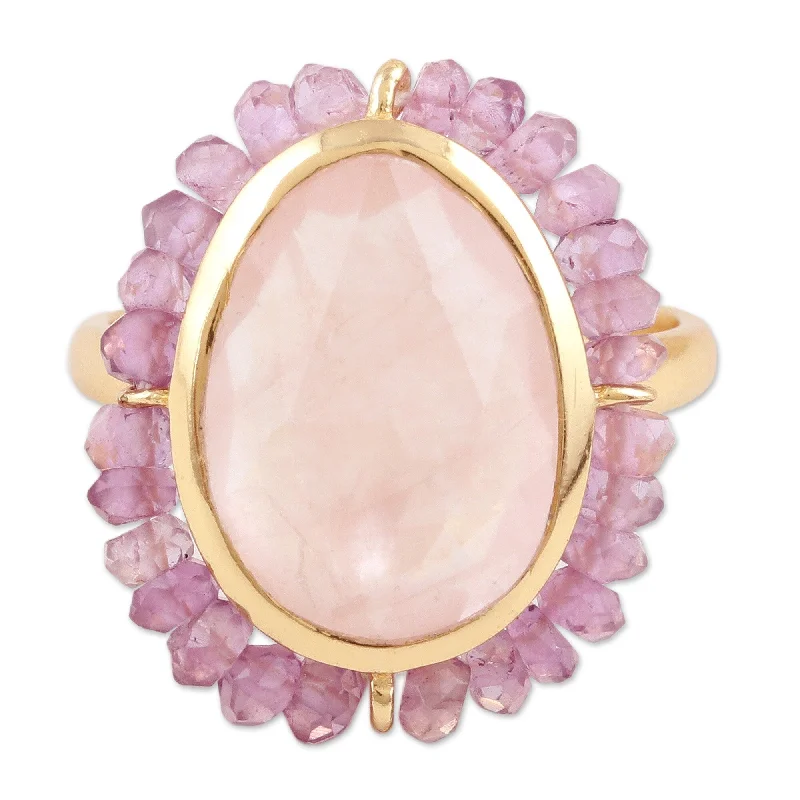 Rings with opal stones for shifting iridescent glow -Novica Handmade Rose Oasis Gold-Plated Amethyst And Rose Quartz Cocktail Ring