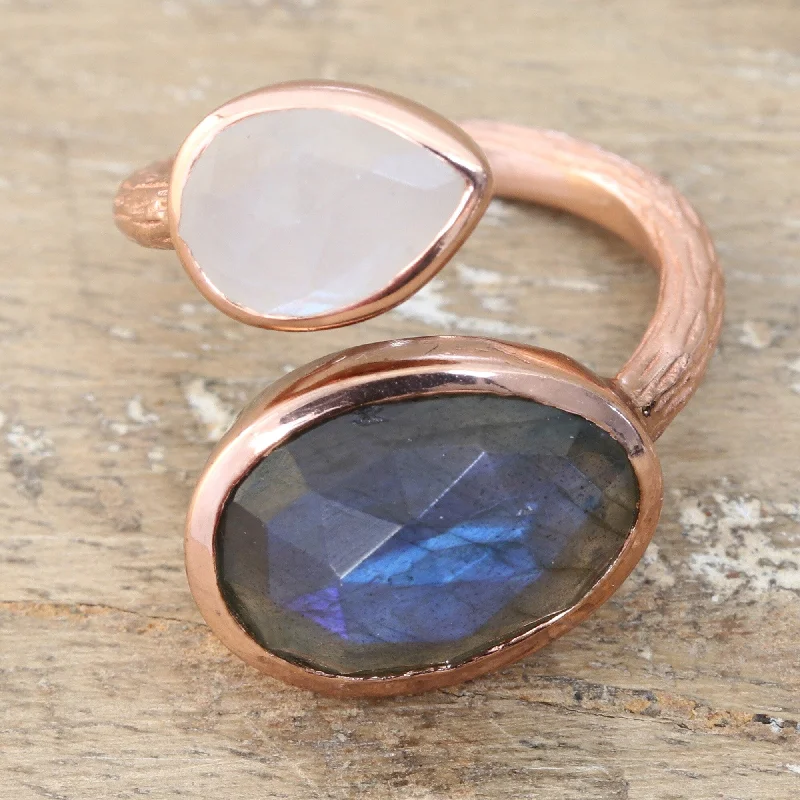 Retro rings featuring bold stones from past eras -Novica Handmade Sparkling Two Gold-Plated Labradorite And Rainbow Moonstone Wrap Ring