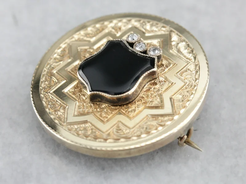 Brooches and pins featuring topaz for blue shine -Onyx Diamond and Gold Victorian Pendant or Brooch