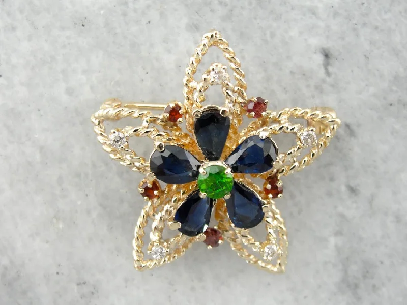 Light brooches and pins for all-day wear ease -Ornate Flower and Star Multi Gemstone Brooch in Yellow Gold