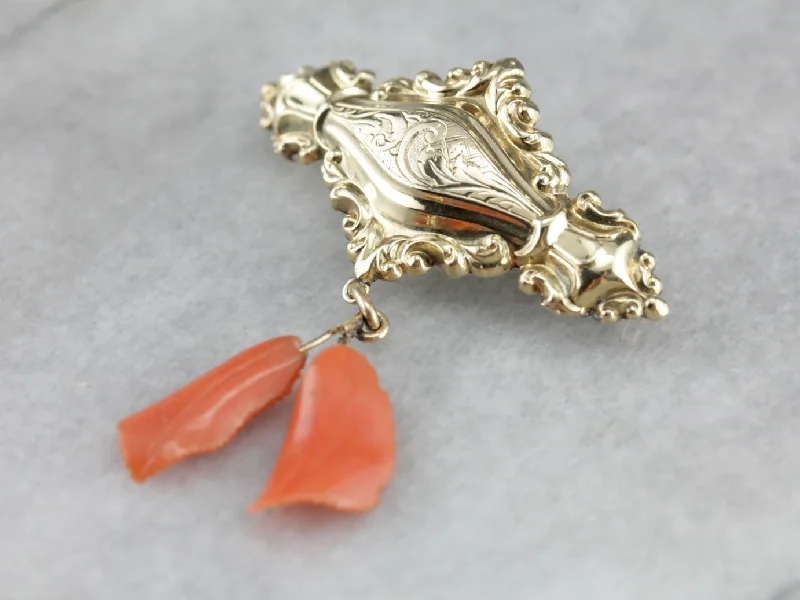 Custom brooches and pins with personalized name designs -Ornate Victorian Coral Gold Brooch