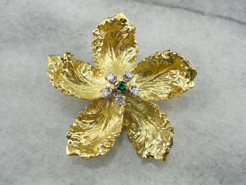 Birthstone brooches and pins with personal picks -Finely Crafted Three Dimensional Floral Brooch, Demantoids and Diamonds