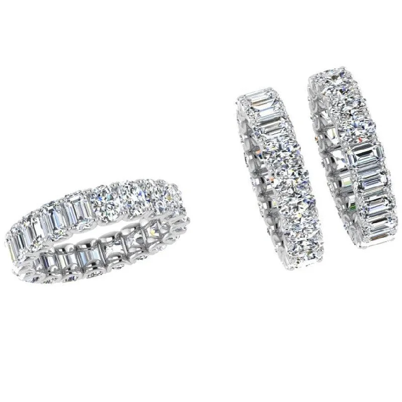 Diamond Rings with Zircon Highlight for Sparkling Look-Oval and Emerald cut Diamond Eternity Band in Platinum