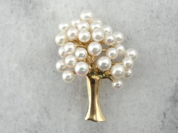 Sharp brooches and pins with angular stone elegance -Pearl and 14K Yellow Gold Tree Brooch