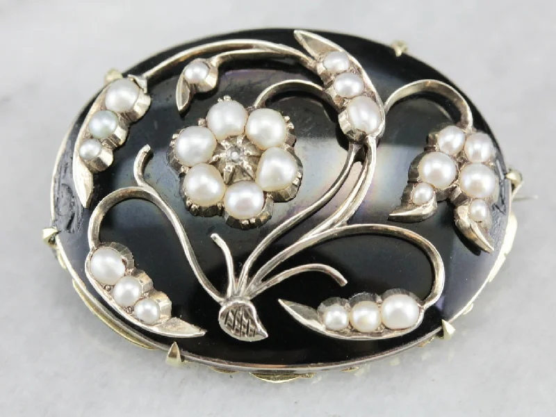 Brooches and pins perfect for weddings with gems -Antique Floral Seed Pearl and Diamond Brooch