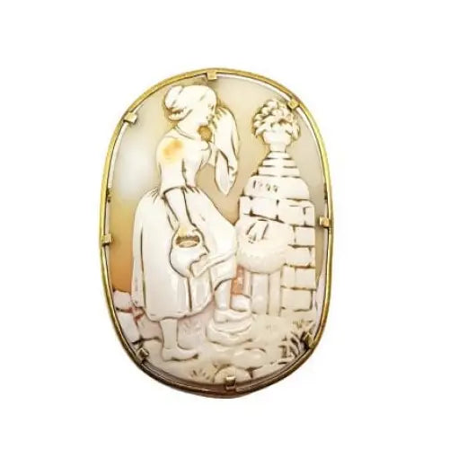 Brooches and pins with thin pins for ease -Rare 18k gold carved Victorian cameo brooch, unusual scene.