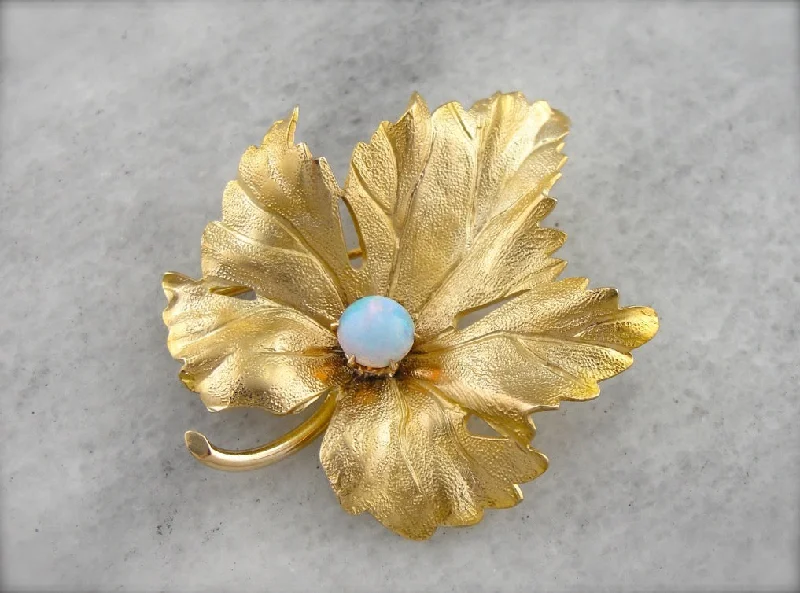 Brooches and pins made with recycled eco metals -Realistic Maple Leaf Brooch with Opal Set at the Center