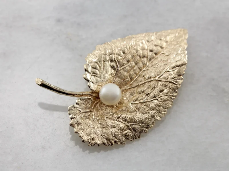 Brooches and pins featuring sapphire for blue shine -Realistic Vintage Aspen Leaf Brooch with Cultured Pearl Accent