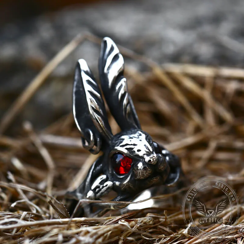 Rings made with recycled gems for eco-chic -Red Eyes Rabbit Stainless Steel Animal Ring