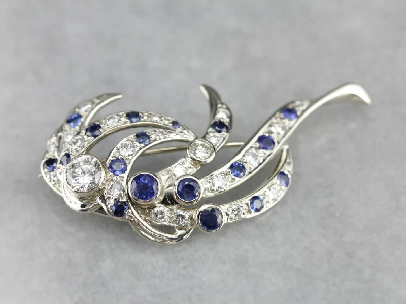 Brooches and pins with white gold for chic -Retro Era Diamond and Sapphire Cocktail Brooch