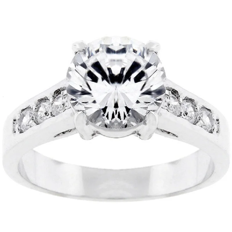 Modern rings with clean cuts for chic flair -Rhodium-Plated Cathedral Style Engagement Ring with 6 Side Stones