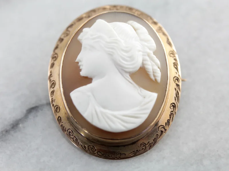 Brooches and pins perfect for weddings with gems -Antique Cameo Etched Rose Gold Brooch