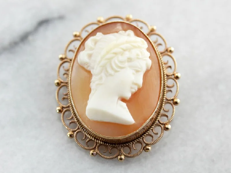 Brooches and pins featuring smoky quartz for depth -Ornate Cameo Gold Filigree Brooch Pendant