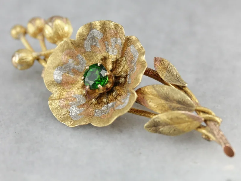 Sleek brooches and pins with floating stone settings -Demantoid Garnet Floral Gold Brooch