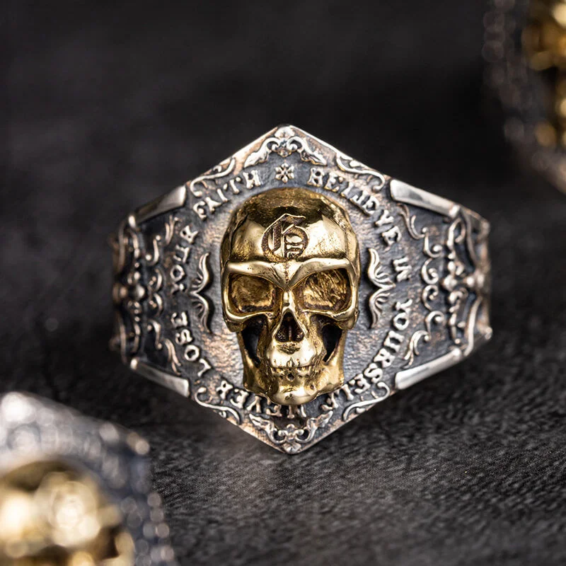 Quartz rings with clear gemstone elegance -Soul Awakening Skull Sterling Silver Inlaid Brass Open Ring