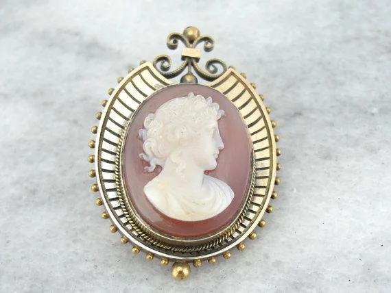 Brooches and pins featuring turquoise for boho style -Victorian Sardonyx Cameo Brooch Pendant