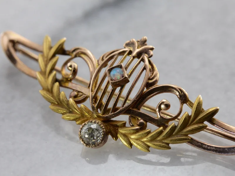 Crafted brooches and pins with wire stone flair -Stunning Art Nouveau/Belle  poque Brooch with Opal and Diamond