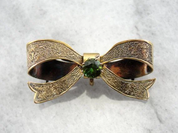 Curved brooches and pins with artistic stone designs -Sweet Antique Bow Brooch with Green Tourmaline