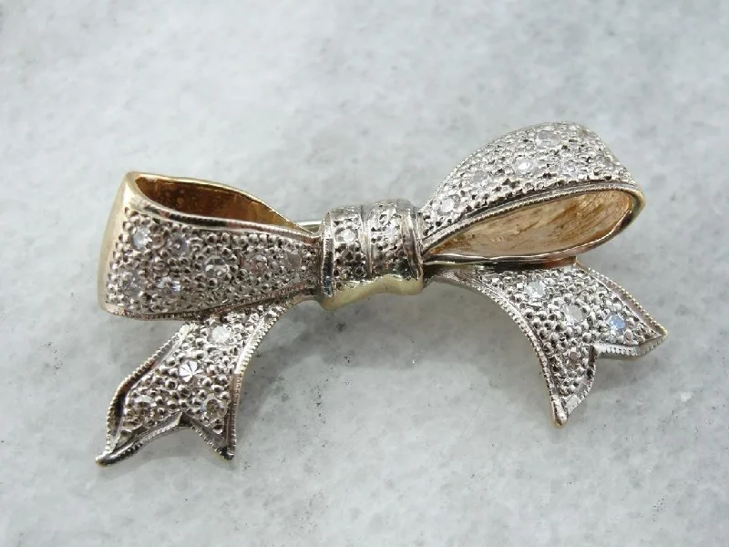 Secure brooches and pins with strong pin backs -Sweet Vintage Diamond Studded Bow Brooch