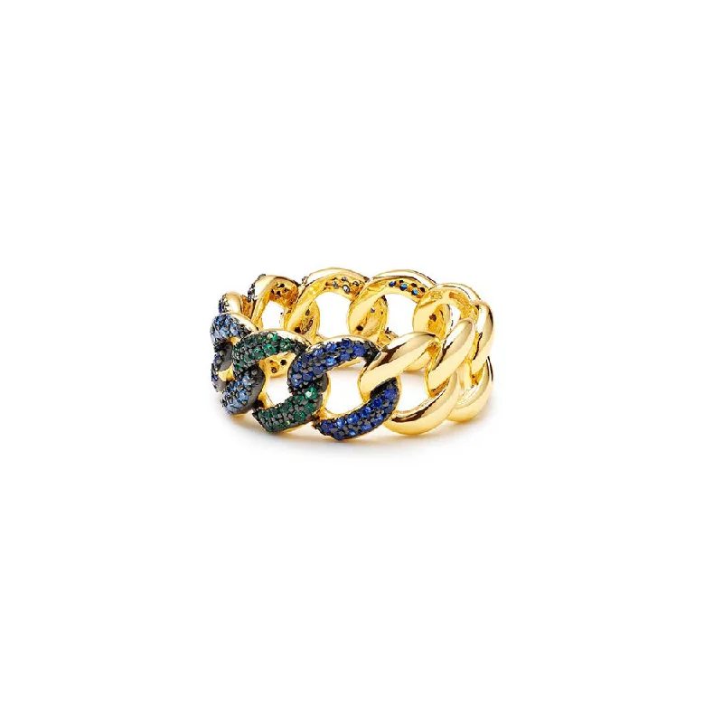 Rings featuring moonstone for dreamy gem glow -THE BLUE & GREEN HALF STONE CUBAN LINK RING