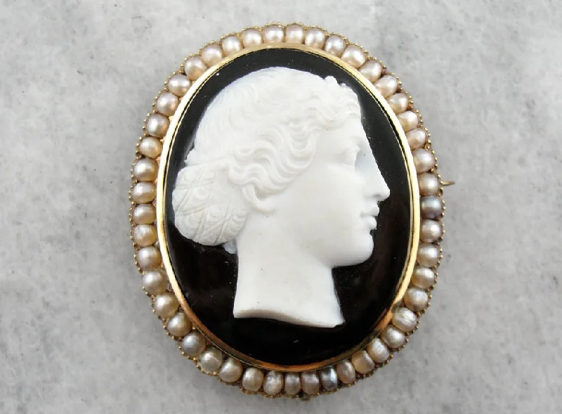 Brooches and pins with opal for iridescent shine -The Female Apostle Juniah: Antique Natural Pearl and Hardstone Black and White Onyx Cameo Brooch