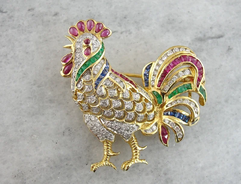 Brooches and pins featuring jade for green calm -The Golden Rooster, Beautiful Ruby Diamond, Emerald and Sapphire Brooch with Handsome Chicken